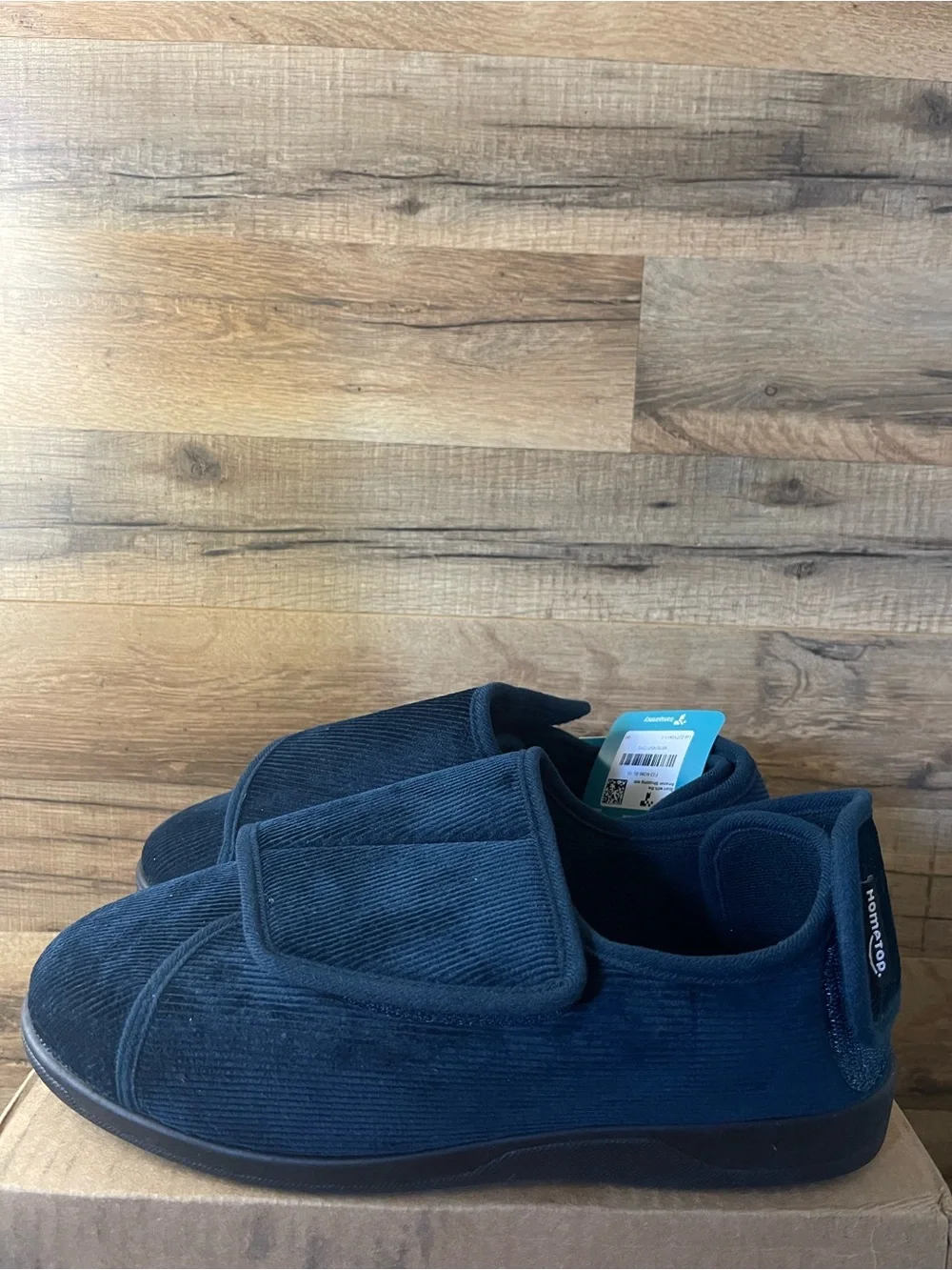 Home Top Mens Size 10 Navy Corduroy Adjustable Hook & Loop Memory Foam Slippers